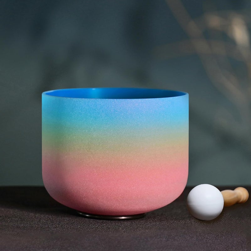 CVNC 440HZ 8 Inch Rainbow Colored G Note Throat Chakra Frosted Quartz Crystal Singing Bowl for Sound Healing and Meditation - Image 1